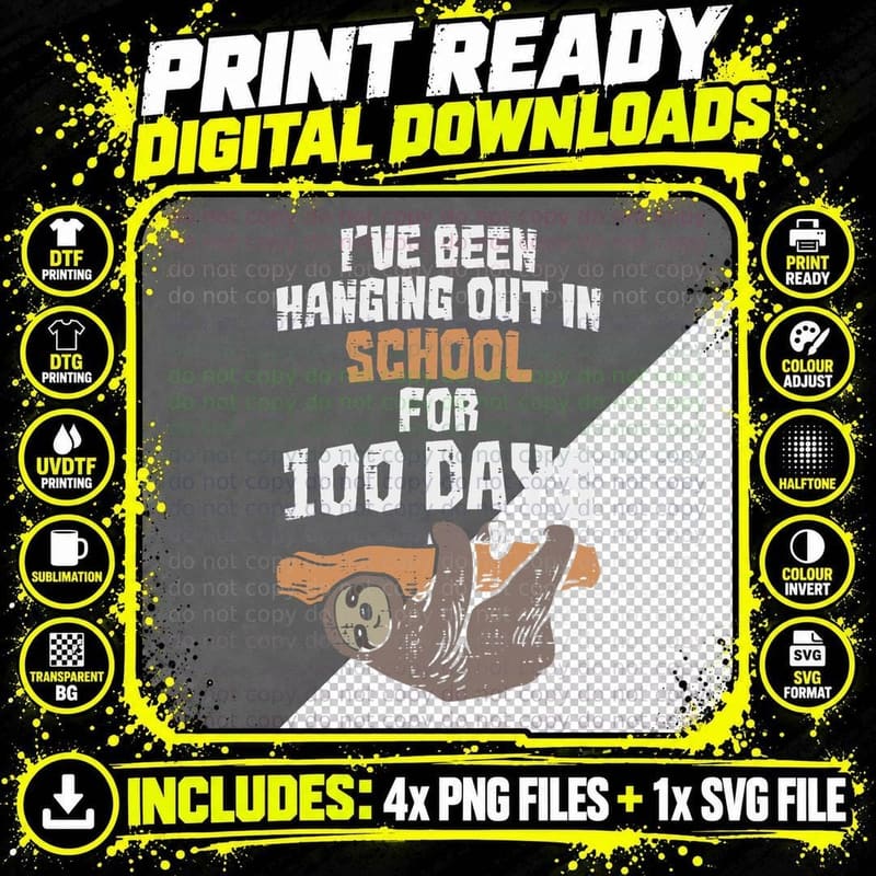 100th Day of School Shirt 100 Days Hanging Sloth Student Png SVG Digital Bundle
