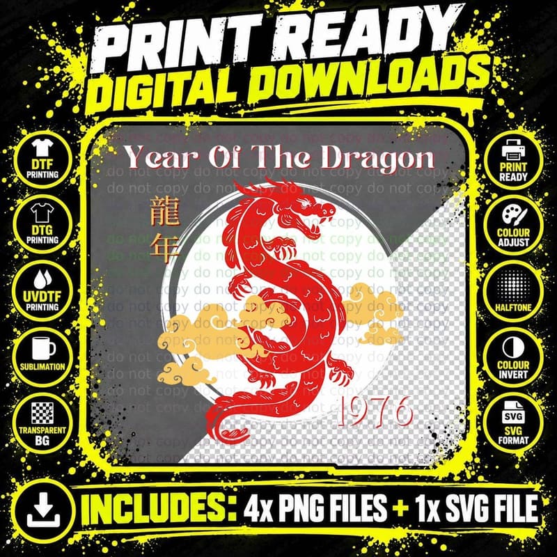 1976 Year of the Dragon, Birthday 1976 Png SVG Digital Bundle