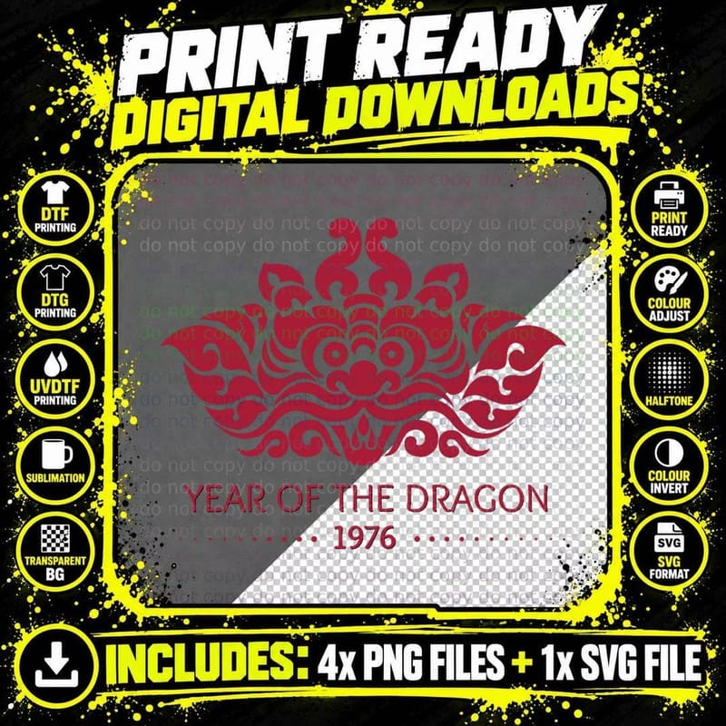 1976 Year of the Dragon, Birthday 1976 Png SVG Digital Bundle