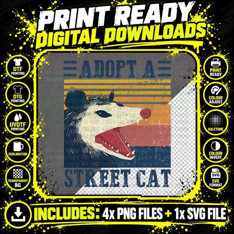 Adopt a Street Cat Funny Opossum Vintage T-Shirt Png SVG Digital Bundle