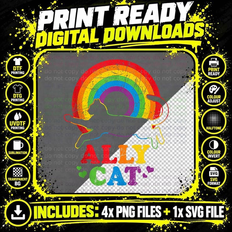 Allycat LGBT Cat with Ally Pride Rainbow T-Shirt Png SVG Digital Bundle