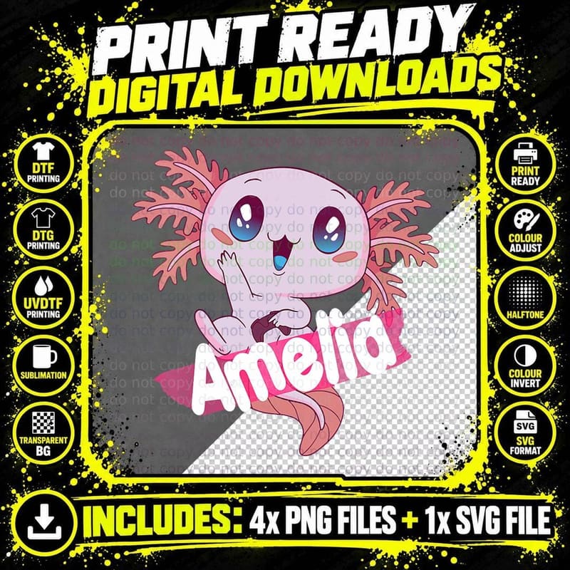 Amelia - Beautiful Girl Name with Adorable Axolotl Png SVG Digital Bundle