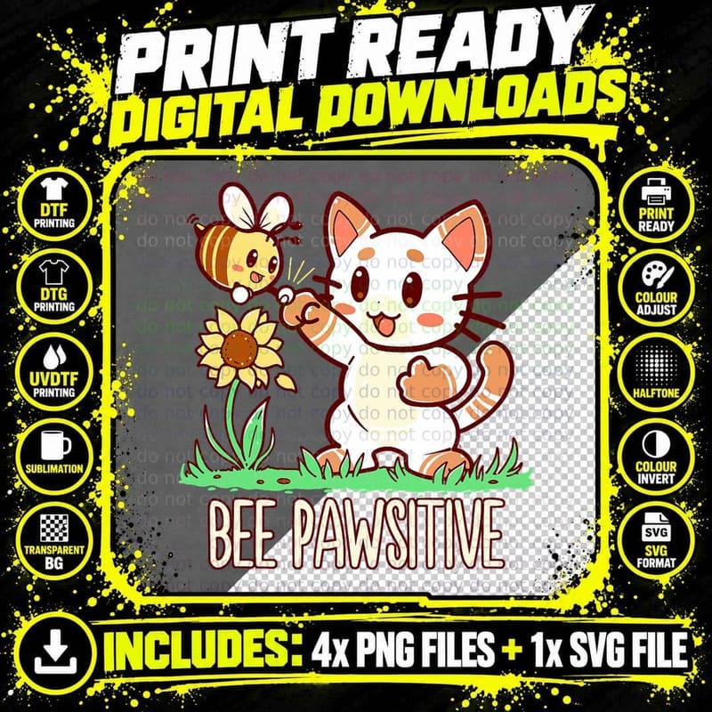 Bee Pawsitive - Cat and Bumble Bee Pun T-Shirt Png SVG Digital Bundle