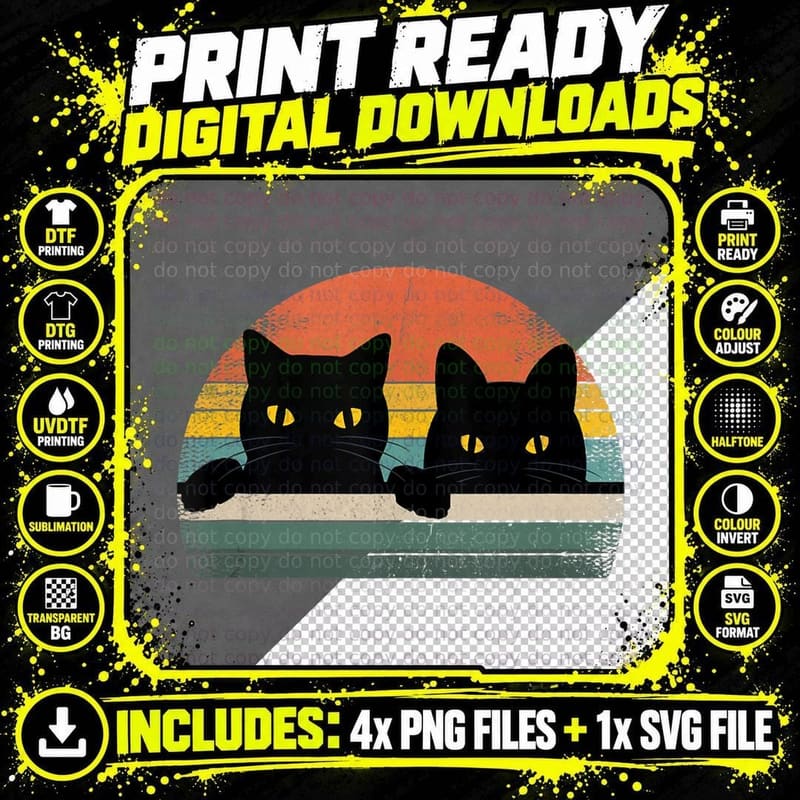 Black Cat Vintage Retro Style - Cats Lover Gift T-Shirt Png SVG Digital Bundle