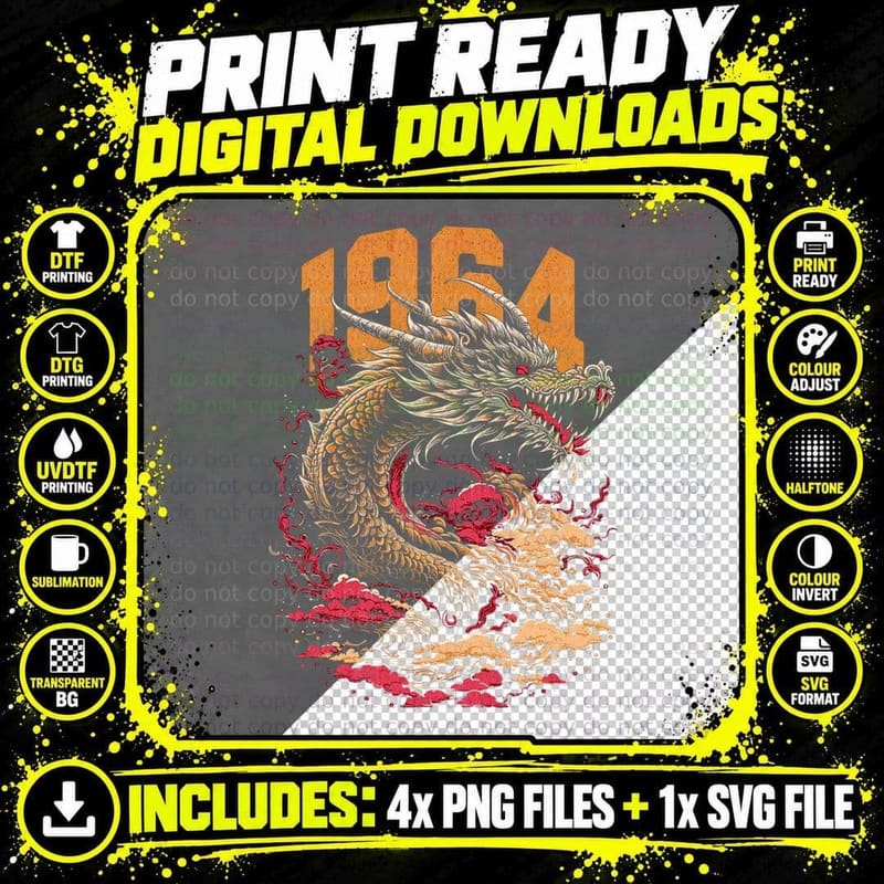 Born in 1964 Year of the Dragon Chinese Zodiac Sign Png SVG Digital Bundle
