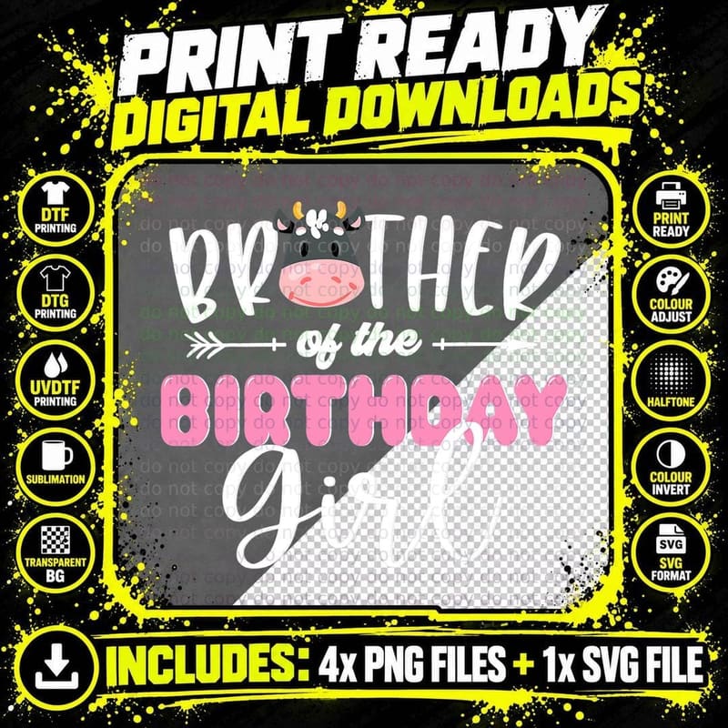 Brother of the Birthday Girl Cow Print T-Shirt Png SVG Digital Bundle