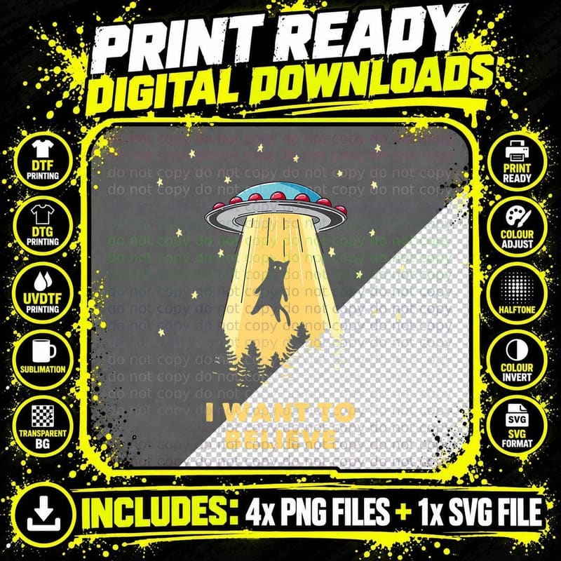 Cat Alien Abduction - I Want to Believe UFO Png SVG Digital Bundle