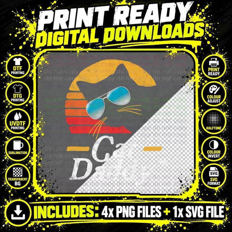 Cat Daddy Vintage 80s Style Cat Retro Sunglasses Png SVG Digital Bundle