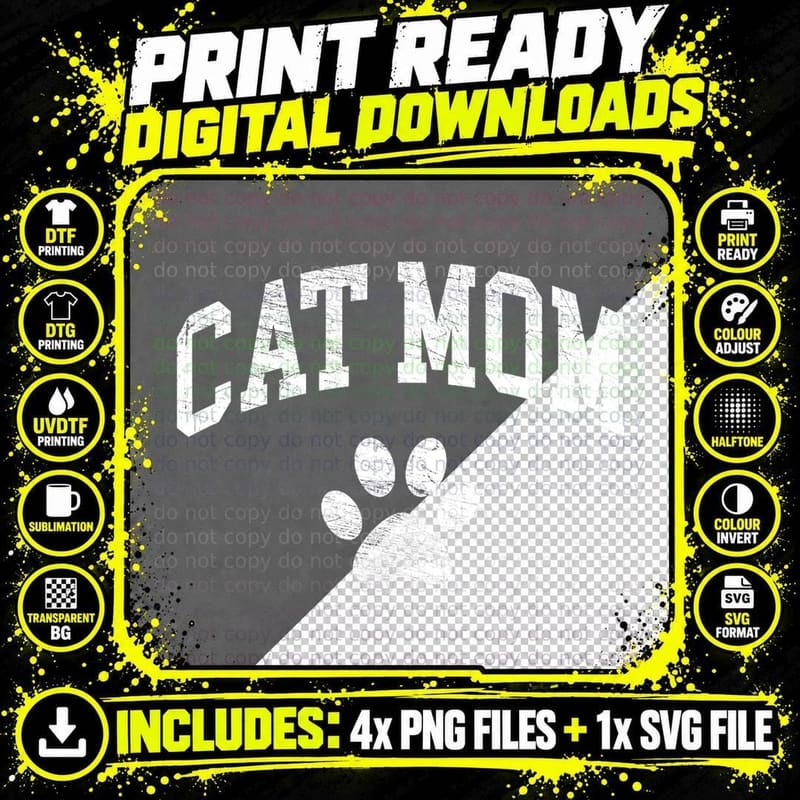 Cat Mom Vintage Distressed Design - Funny Cat Paw - Png SVG Digital Bundle