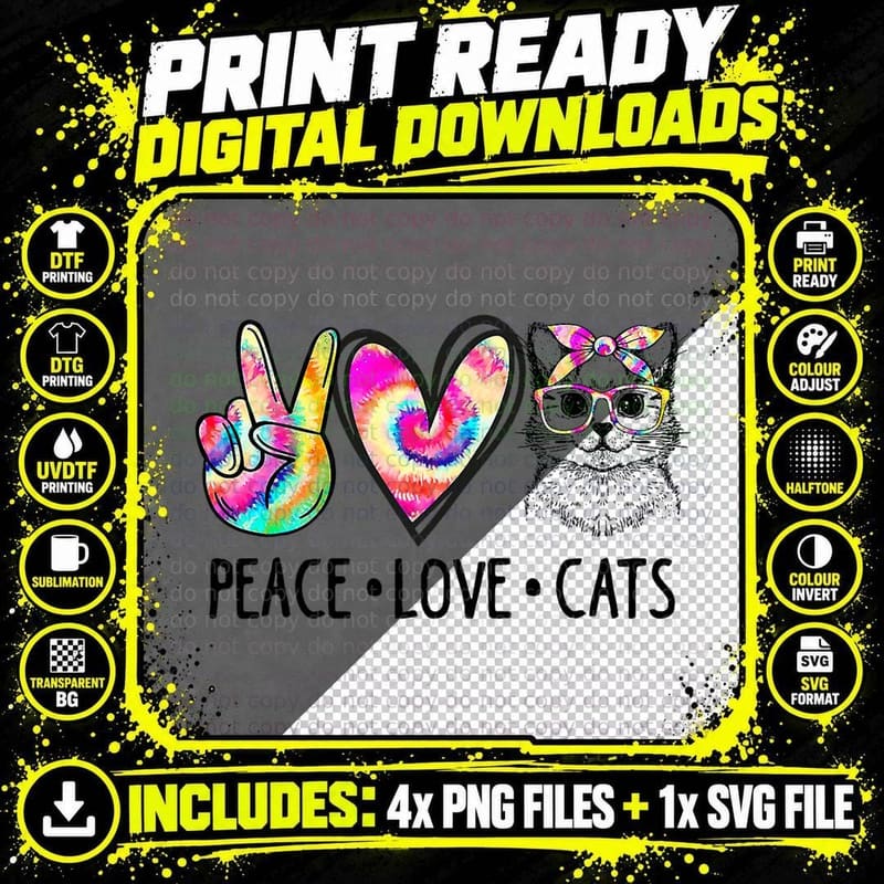 Cat Rescue Adopt a Cat Mom Tie Dye Peace Love Cat T-Shirt Png SVG Digital Bundle