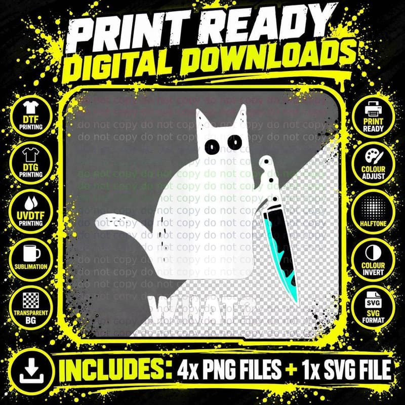 Cat What Funny Black Cat Shirt, Murderous Cat with Knife Png SVG Digital Bundle