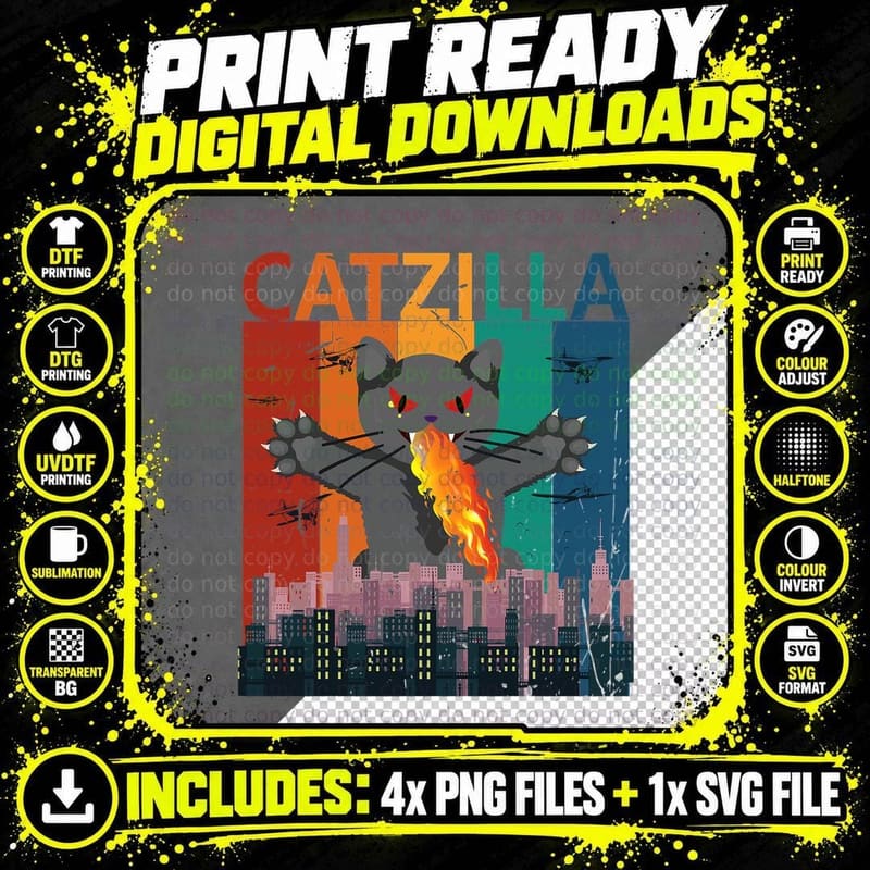 Catzilla Black Cat Japanese Vintage Rainbow Kitten Cute Png SVG Digital Bundle