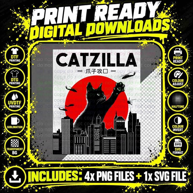 Catzilla Cat, Cat, Cat Lover T-Shirt Png SVG Digital Bundle