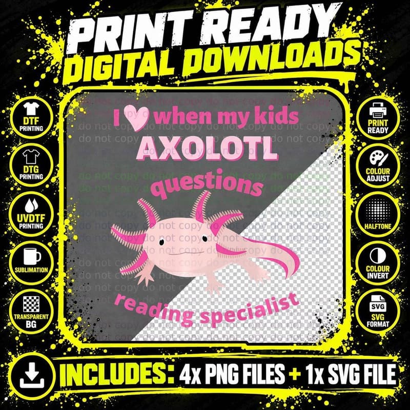 Certified Reading Specialist Teacher Kids Axolotl Png SVG Digital Bundle