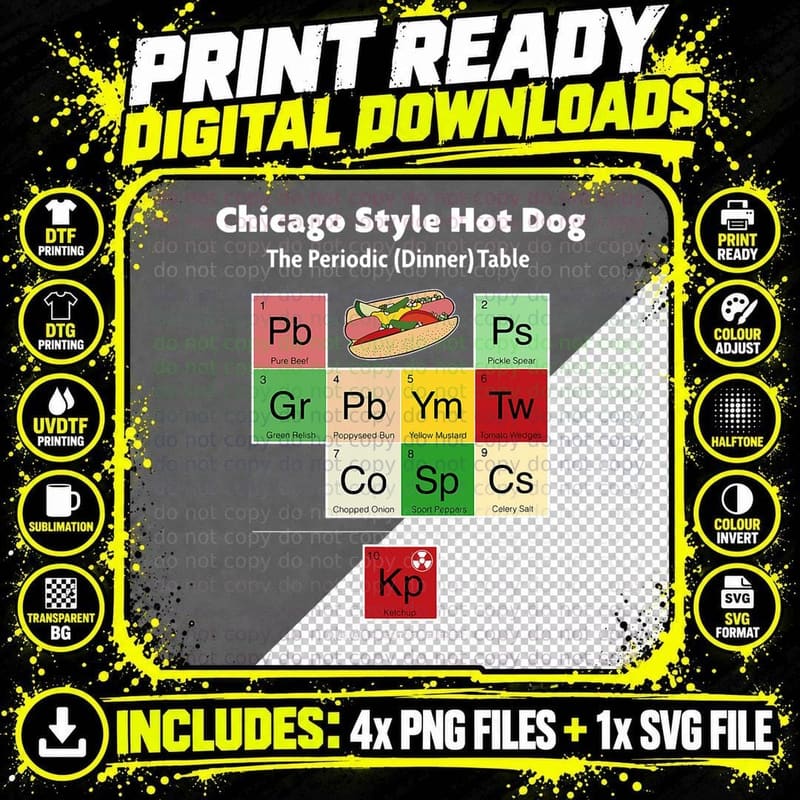 Chicago Style Hot Dog Periodic Table Condiments T-Shirt Png SVG Digital Bundle