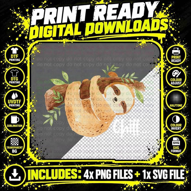 Chill - Hanging Sloth Wildlife Animal Lover Zookeeper Png SVG Digital Bundle
