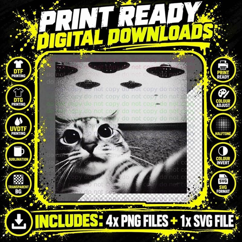 Classic Funny Alien Cat UFO, Cat Lover Gift Png SVG Digital Bundle