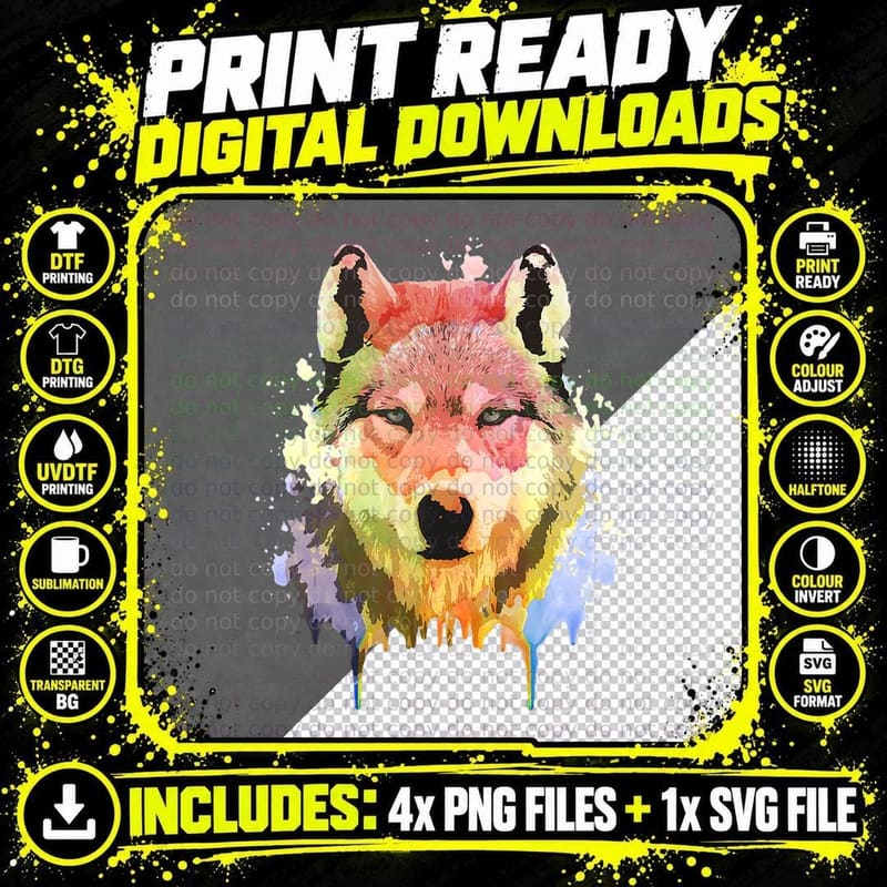 Cool Wolf for Men Women Animal Face Waterpaint Grey Png SVG Digital Bundle