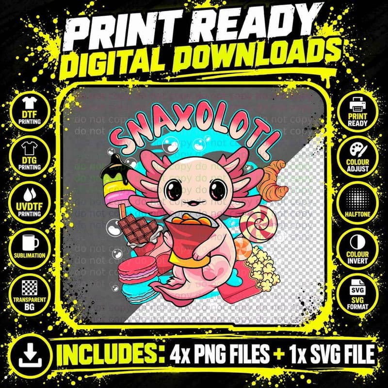 Cute Axolotl Lover Snaxolotl Food Sweets Kids Boys Girls Png SVG Digital Bundle