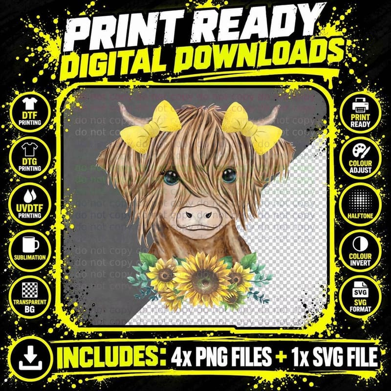 Cute Baby Highland Cow with Sunflowers Calf Animal Farm Png SVG Digital Bundle
