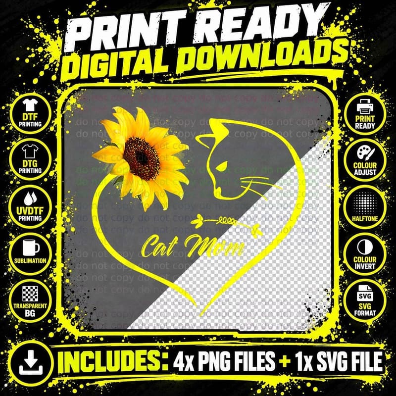 Cute Cat Mom Sunflower Heart Love Mothers Day Gift Cat Png SVG Digital Bundle