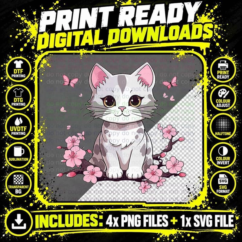 Cute Cat with Cherry Blossoms I Kids Cat T-Shirt Png SVG Digital Bundle