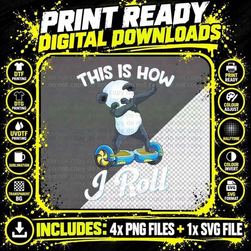 Cute Dabbing Panda Skater Electric Self Balancing Png SVG Digital Bundle