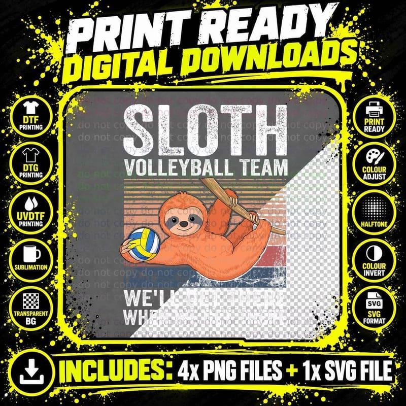 Cute Lazy Sloth Volleyball Team Funny Retro Volleyball Png SVG Digital Bundle