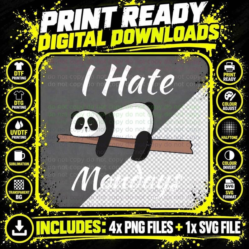 Cute Panda, I Hate Mondays Funny Gift T-Shirt Png SVG Digital Bundle