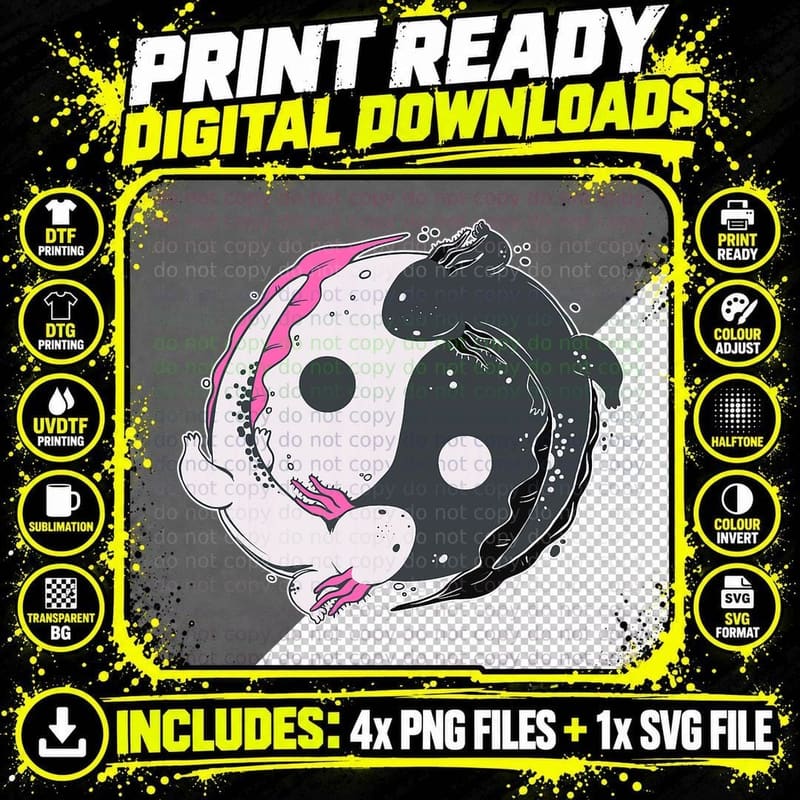 Cute Pink Axolotl and Black Axolotl Yin Yang T-Shirt Png SVG Digital Bundle