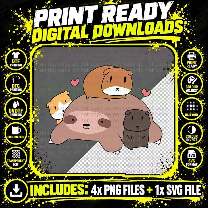 Cute Sleeping Sloth Loves Guinea Pigs for Pet Lovers Png SVG Digital Bundle