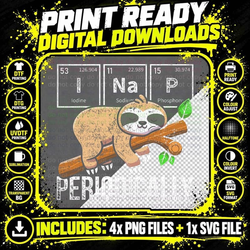 Cute Sloth Animal Periodic Table Science Chemist Png SVG Digital Bundle