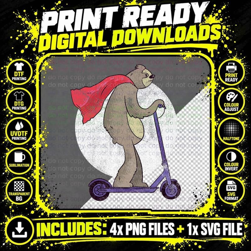 Cute Sloth Riding an Electric Scooter Graphic T-Shirt Png SVG Digital Bundle