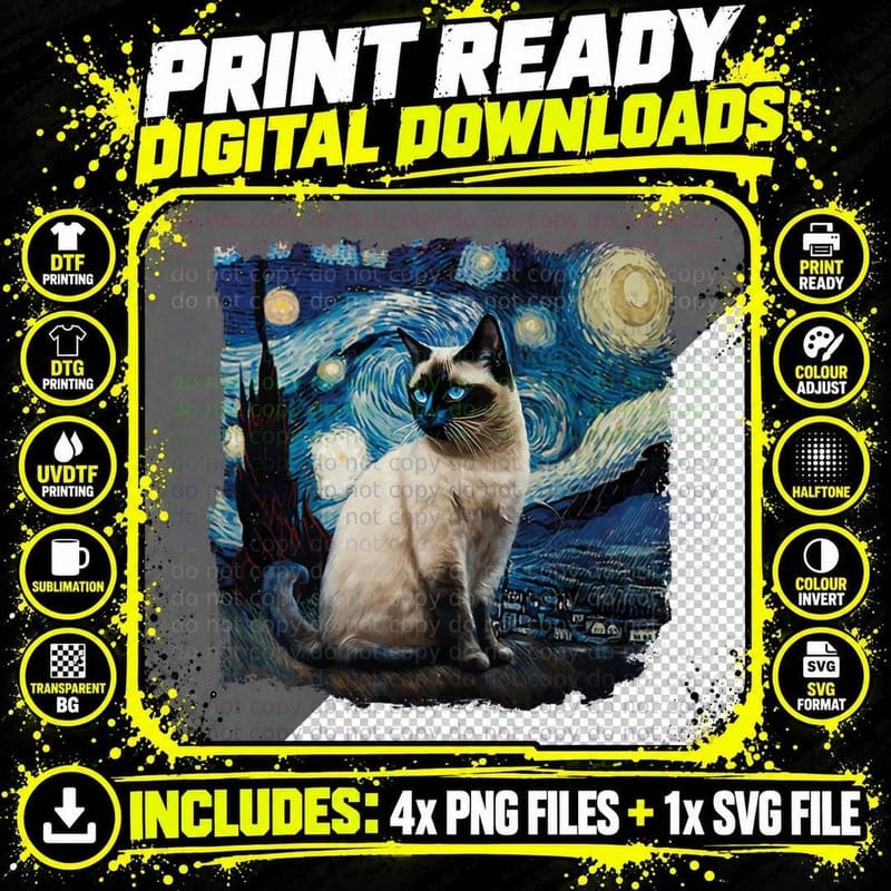 Cute Van Gogh Starry Night Cat Siamese Cat Lover Funny Png SVG Digital Bundle