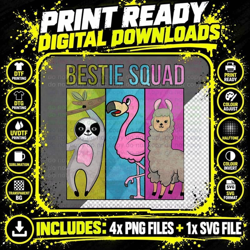 Cute and Funny Sloth Flamingo Llama Bestie Squad T-Shirt Png SVG Digital Bundle