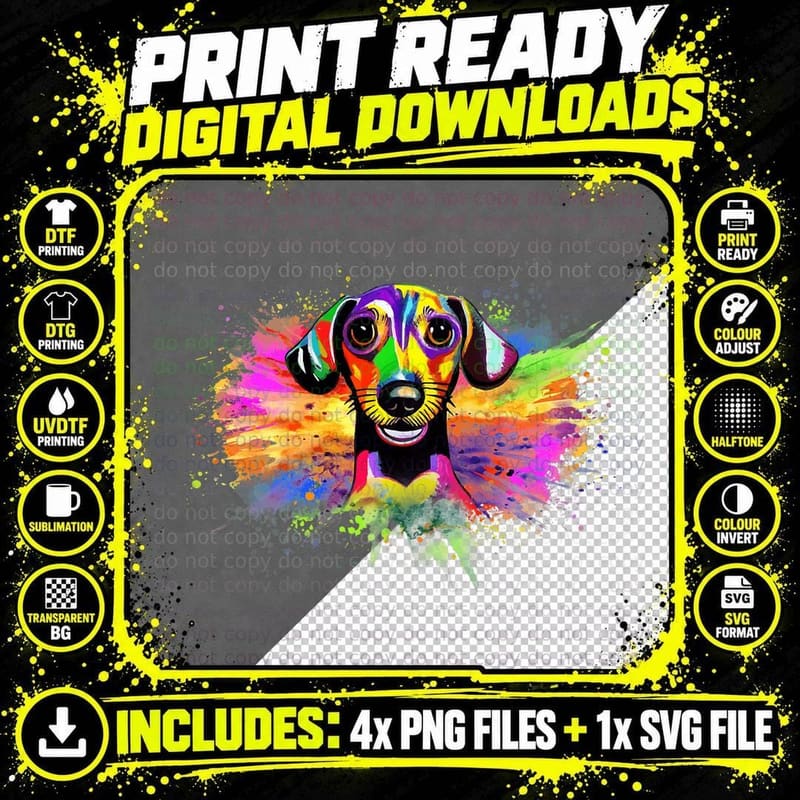 Dachshund Colorful Pop Art Cute Smiling Weiner Dog Png SVG Digital Bundle