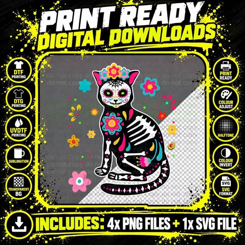 Dia De Los Muertos Cat Shirt Mexican Sugar Skull Day of Png SVG Digital Bundle