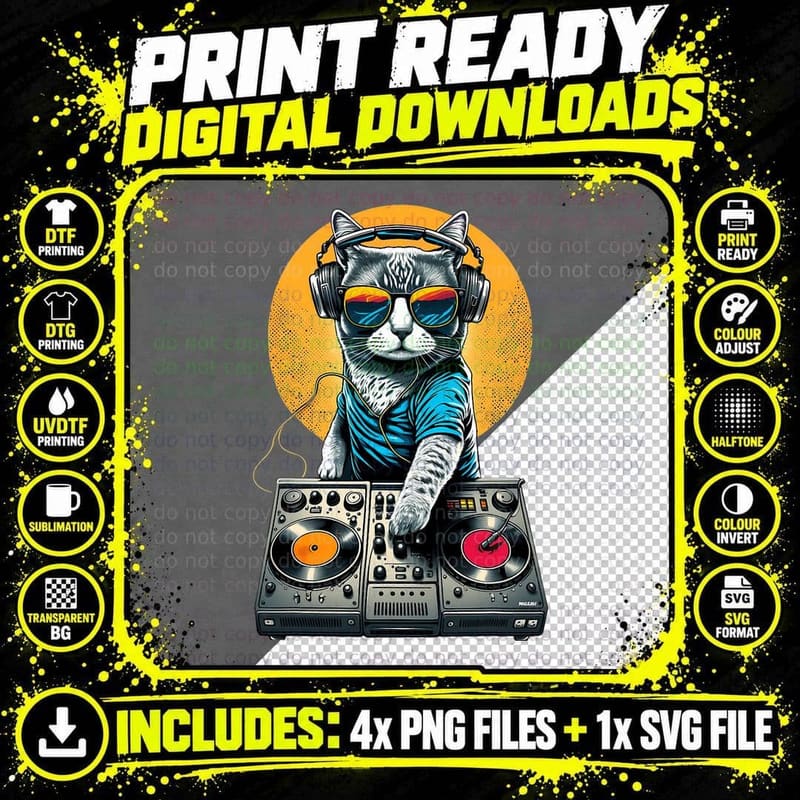 EDM Cat DJ, DJ Cat in Sunglasses, House Cat with Png SVG Digital Bundle