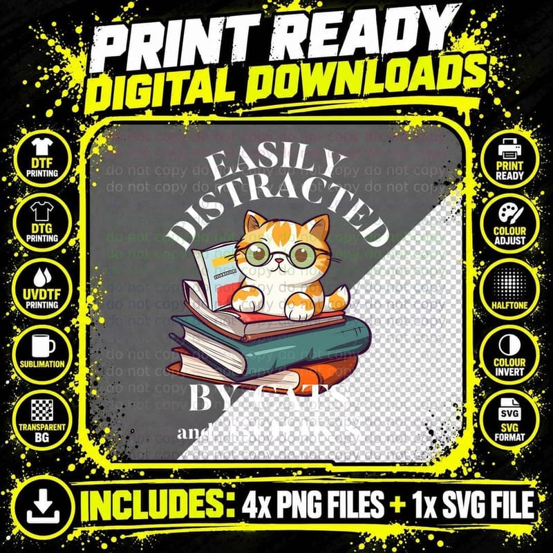 Easily Distracted by Cats and Books Tee Funny Cat Png SVG Digital Bundle
