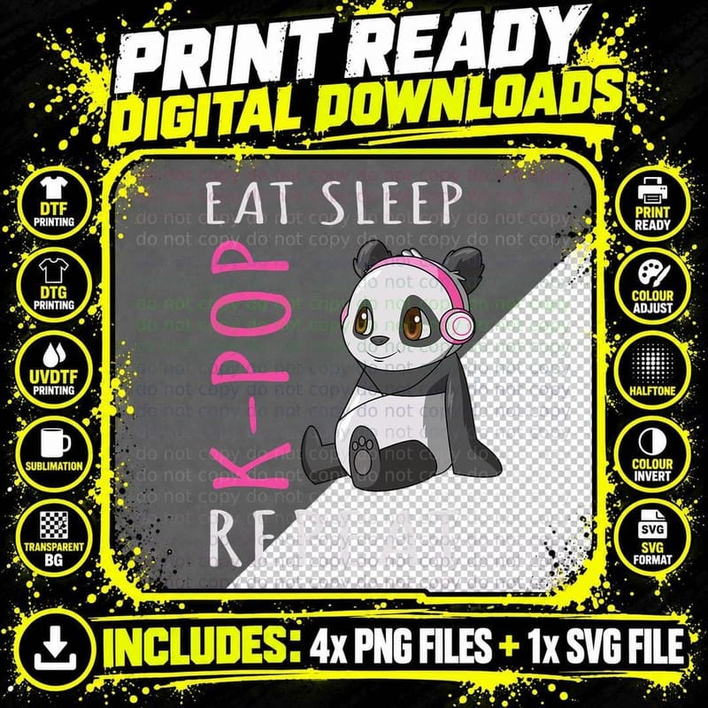 Eat Sleep K-Pop Repeat Panda T-Shirt Png SVG Digital Bundle