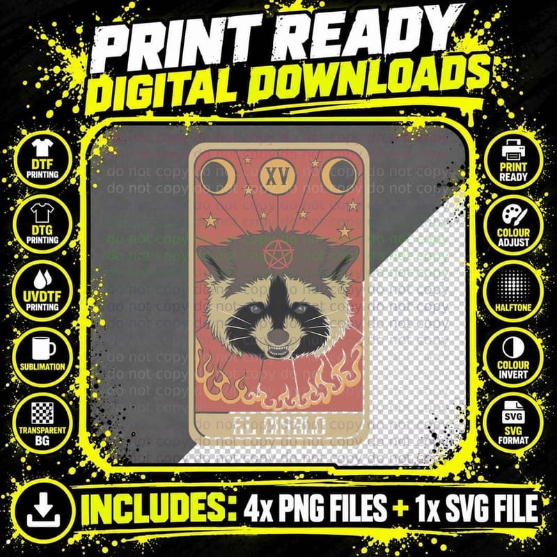 El Diablo Raccoon Tarot Card Satanic Trash Panda Animal Png SVG Digital Bundle