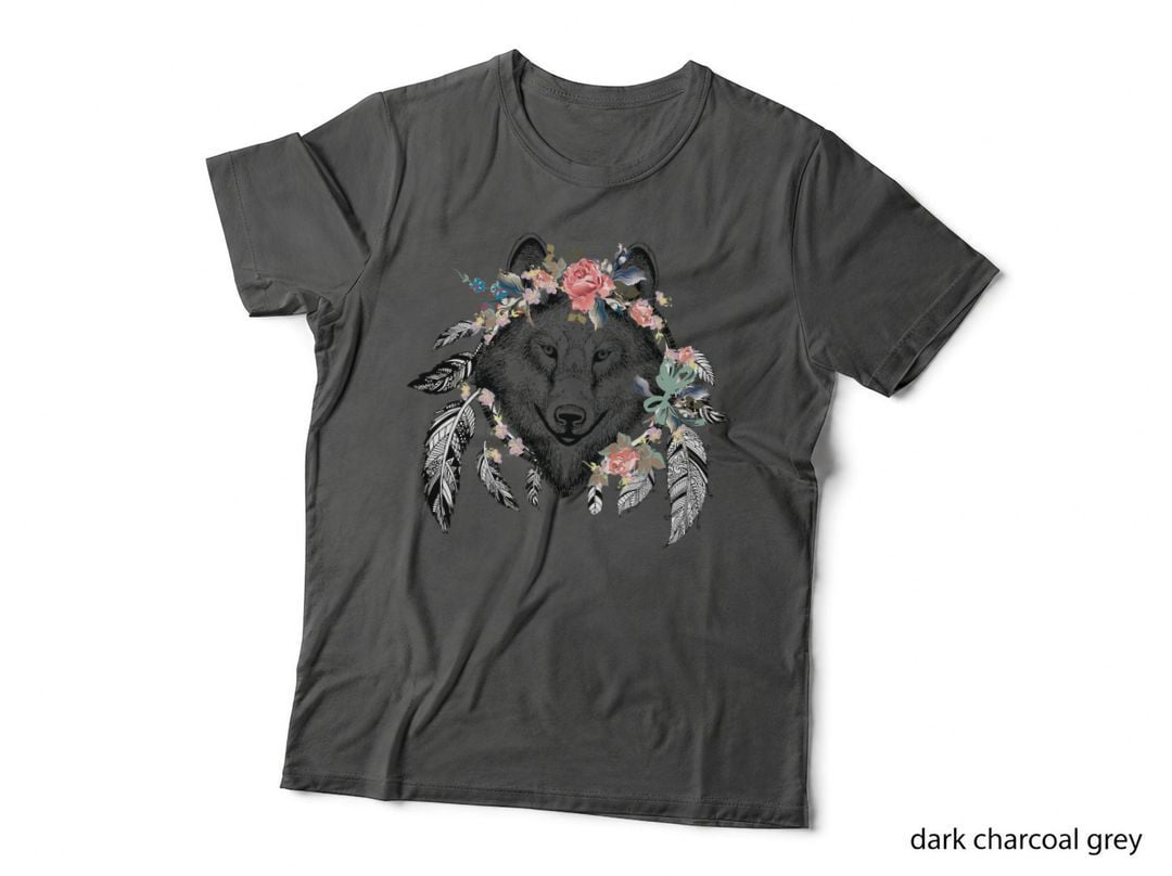Ethnic Tribal Wolf Head Boho Feather Native American Hippie T-Shirt