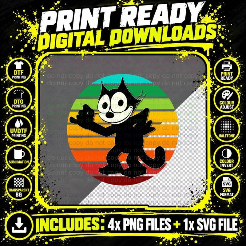 Felix Cartoon Cat Retro Rainbow Sunset Sly Smiling Felix Png SVG Digital Bundle