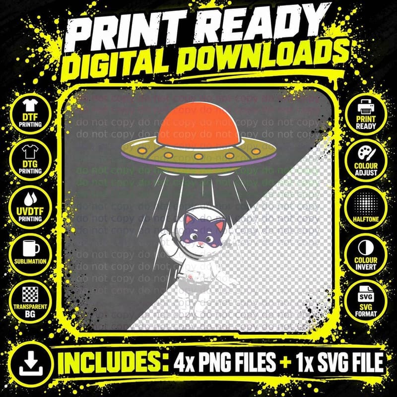 Funny Alien Cute Cat UFO Extraterrestrial Kitty T-Shirt Png SVG Digital Bundle