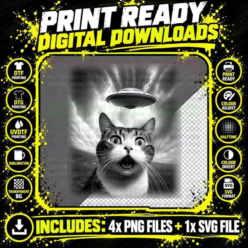 Funny Cat Alien UFO, Cat Lover Cat Mom Cat Dad Png SVG Digital Bundle