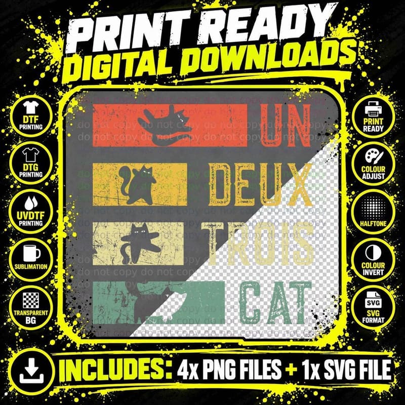 Funny Cat Lovers Vintage Retro Un Deux Trois Cat French Png SVG Digital Bundle