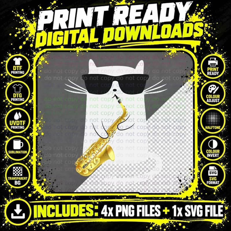 Funny Cat Shirt Saxophone Music Gift T-Shirt Png SVG Digital Bundle