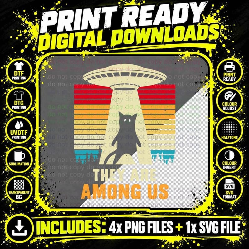 Funny Cat UFO Alien Abduction Tshirt Png SVG Digital Bundle