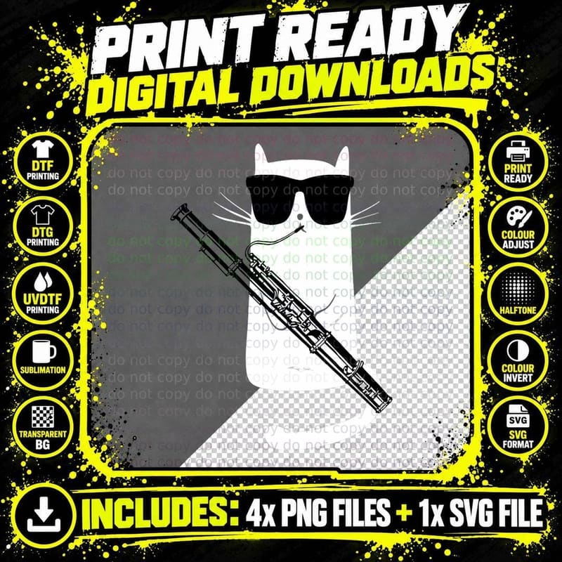 Funny Cat Wearing Sunglasses Playing Bassoon T-Shirt Png SVG Digital Bundle