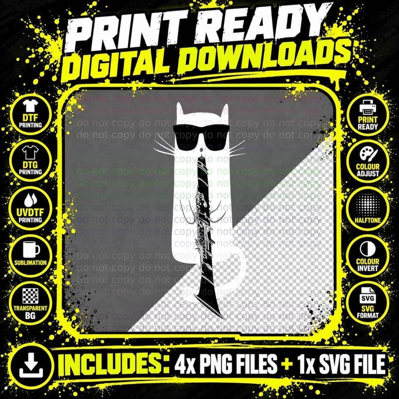 Funny Cat Wearing Sunglasses Playing Clarinet T-Shirt Png SVG Digital Bundle